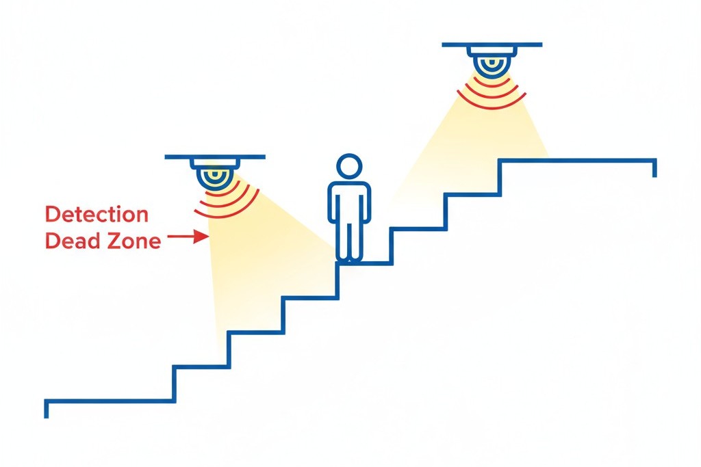 Diagram van een detectiedode zone op een trap Een diagram dat laat zien hoe de ruimtes tussen de dekking van twee bewegingssensoren op een traphuis een onopgemerkte dode zone creëren.