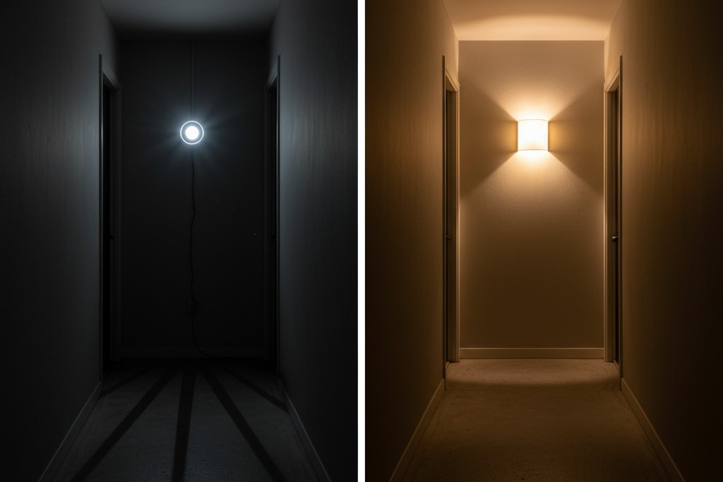 Sammenligning af blændende vs. diffust hallway belysning Et delt skærmbillede, der sammenligner en gang med en skarp, blændende barepære med den samme gang med et blødt, nedadbølget diffust lys.