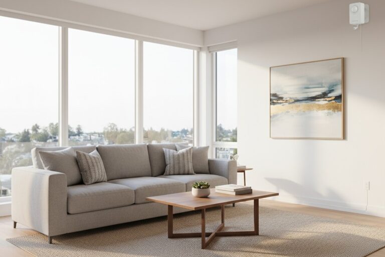 Una vista panorámica de una sala de estar moderna y ordenada con un pequeño sensor de movimiento blanco montado discretamente en la pared para monitorear el espacio.