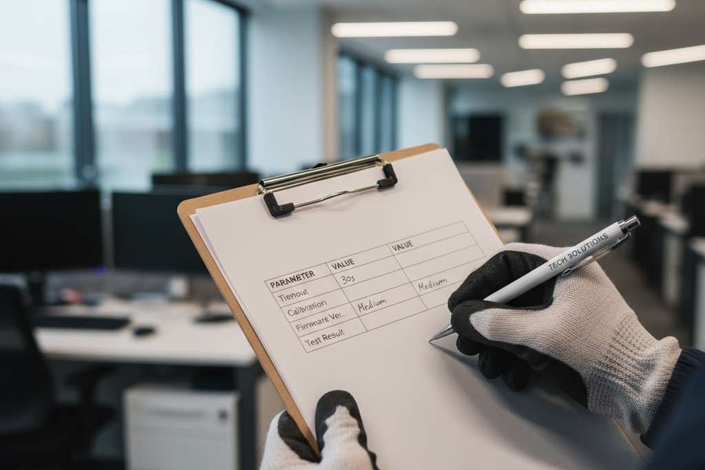 Un instalador escribiendo la configuración final del sensor en un registro de puesta en marcha en un portapapeles.