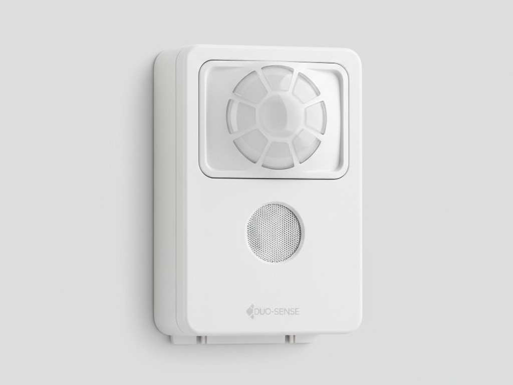 เซนเซอร์ตรวจจับการเข้าใช้งานแบบเทคโนโลยีคู่ ภาพใกล้ของเซนเซอร์ตรวจจับการเข้าใช้งานแบบคู่สมัยใหม่ ติดผนัง แสดงเลนส์ PIR และอุปกรณ์ส่งเสียงอัลตราซาวนด์