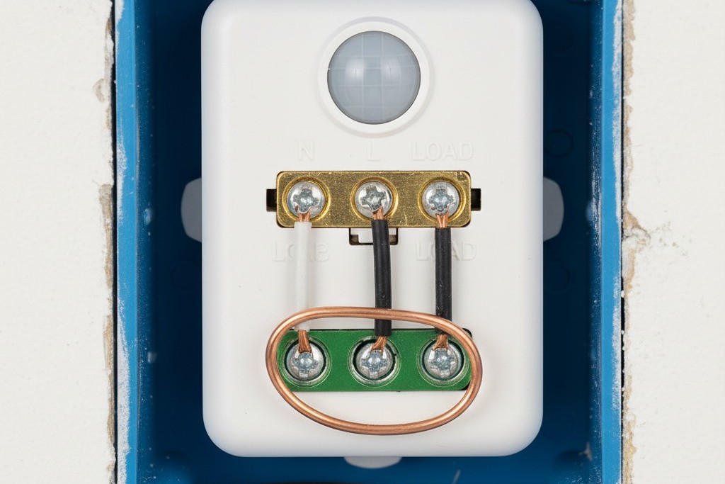 A close-up of an open electrical wall box showing black, red, and white wires connected to the terminals of a motion sensor switch.