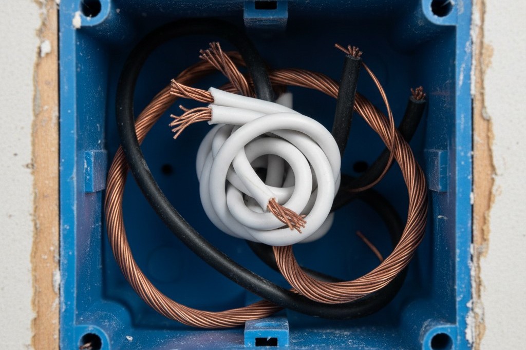 Dentro de uma Caixa elétrica com fios neutros Uma visão macro dentro de uma caixa de interruptor elétrica de parede, com um feixe de fios neutros brancos claramente visível na parte de trás.