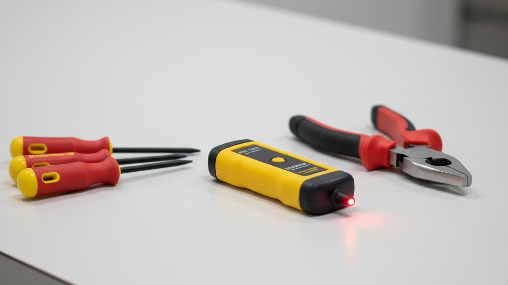 Una colección de herramientas eléctricas incluyendo un probador de voltaje, enfatizando la importancia de la seguridad antes de la instalación.