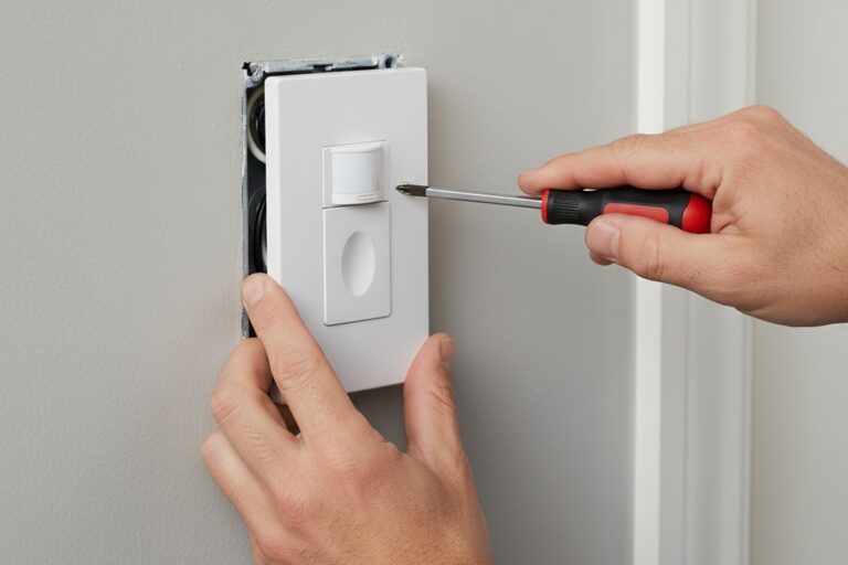 عرض مقرب لأيدي فني كهربائي يستخدم مفك براغي لتركيب مفتاح مستشعر إشغال أبيض في صندوق كهربائي على جدار رمادي