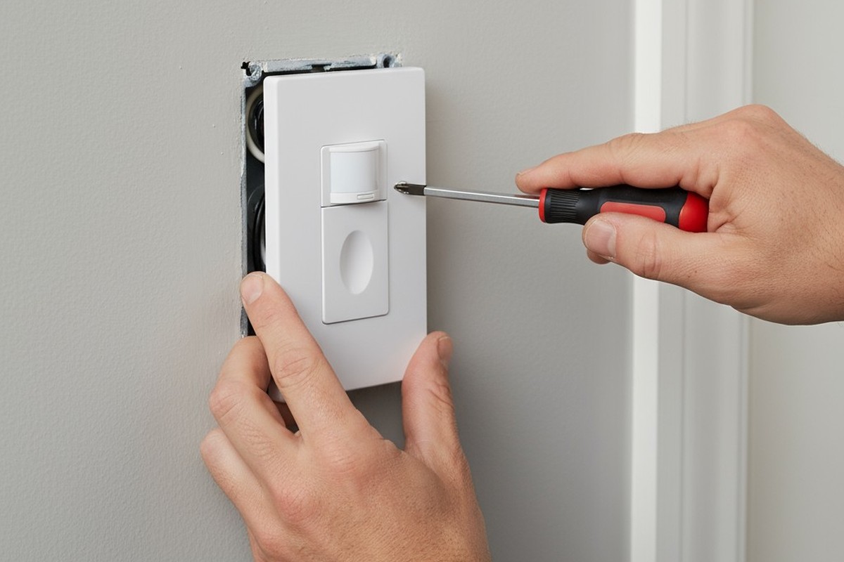 Λεπτομέρεια με τα χέρια ενός ηλεκτρολόγου που χρησιμοποιεί κατσαβίδι για να εγκαταστήσει έναν λευκό διακόπτη ανίχνευσης κατανάλωσης σε ηλεκτρικό κουτί σε γκρι τοίχο.