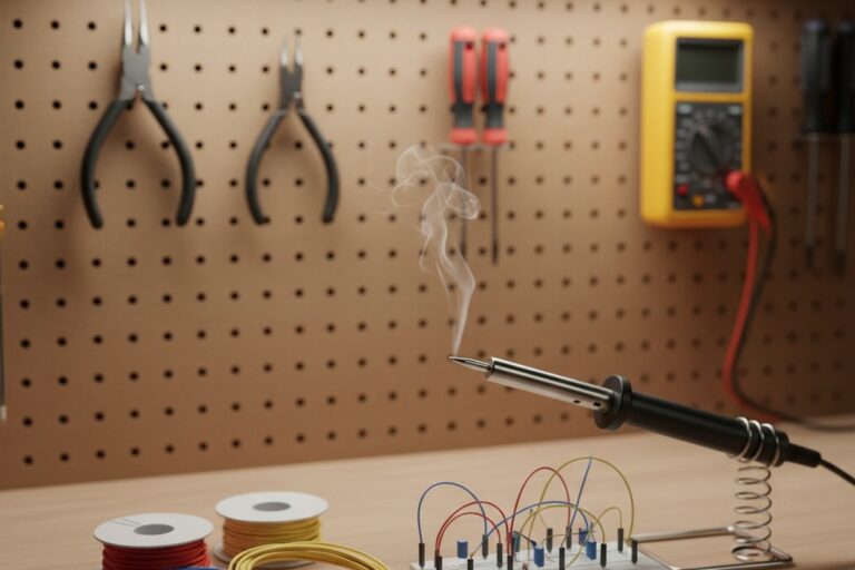An electronics workbench holds spools of colored wire, a breadboard with components, and a hot soldering iron in its stand. In the background, tools hang on a pegboard.