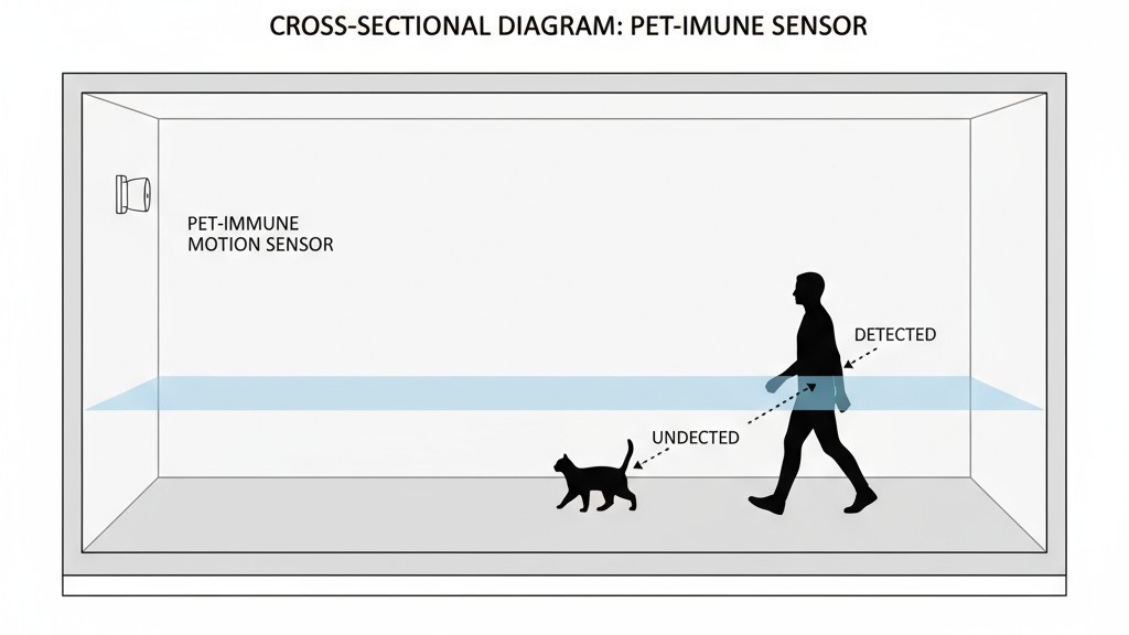 Ανεβασμένο πεδίο ανίχνευσης της Rayzeek σε δωμάτιο Ένα διάγραμμα που δείχνει έναν αισθητήρα ανιχνευσης κατοικίδιων σε ύψος, τοποθετημένο ψηλά σε τοίχο, δημιουργώντας ένα πεδίο ανίχνευσης που αιωρείται πάνω από το πάτωμα, επιτρέποντας σε μια γάτα να περνάει από κάτω ενώ ανιχνεύει έναν άνθρωπο.