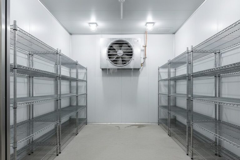 Het fel verlichte interieur van een grote, lege commerciële walk-in vriezer bevat rijen lege roestvrijstalen draadstellingen tegen witte geïsoleerde paneelwanden.