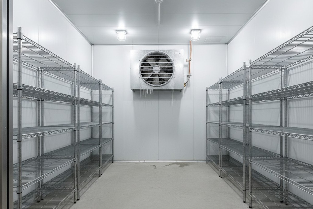 Het fel verlichte interieur van een grote, lege commerciële walk-in vriezer bevat rijen lege roestvrijstalen draadstellingen tegen witte geïsoleerde paneelwanden.