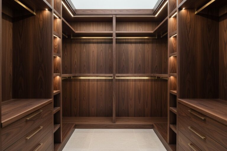Een architectonisch uitzicht langs het centrale gangpad van een grote lege walk-in kast met donker walnoothoutmeubels. Warme, geïntegreerde LED-stripverlichting verlicht de planken en hangstangen helder.