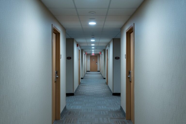 يمتد ممر فندق طويل وفارغ إلى المسافة، مضاء بشكل ساطع بأضواء دائرية مستدقة في السقف.