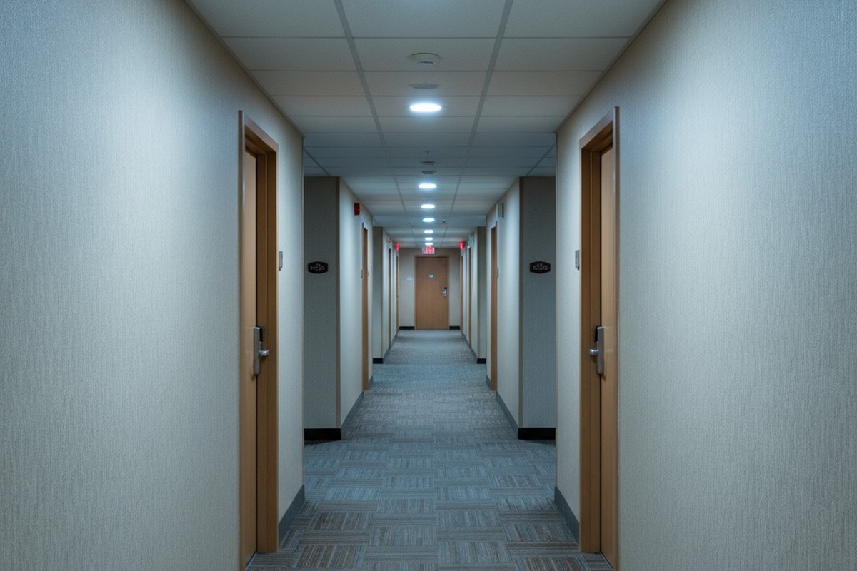 長くて空っぽのホテルの廊下が遠くまで伸びており、天井の埋め込み式サークルライトによって明るく照らされている。