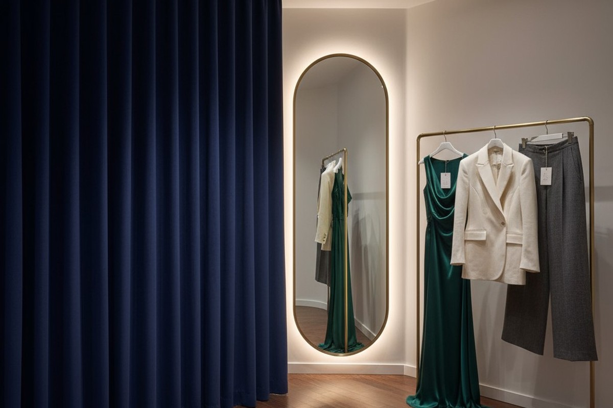 An empty, upscale fitting room features a navy blue velvet curtain, a full-length mirror with warm backlighting, and a few clothing items on a brass rack.