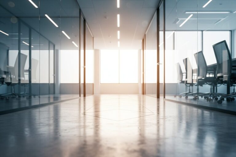 A low-angle view down a long, empty office corridor with glass-walled rooms on one side and a polished concrete floor reflecting the ceiling lights.