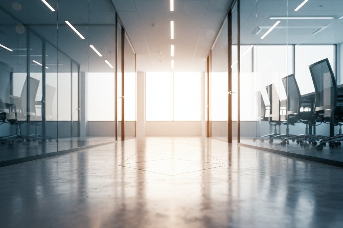 En låg vinkel sedd nerför en lång, tom kontorskoridor med glasklädda rum på ena sidan och ett polerat betonggolv som reflekterar taklamporna.