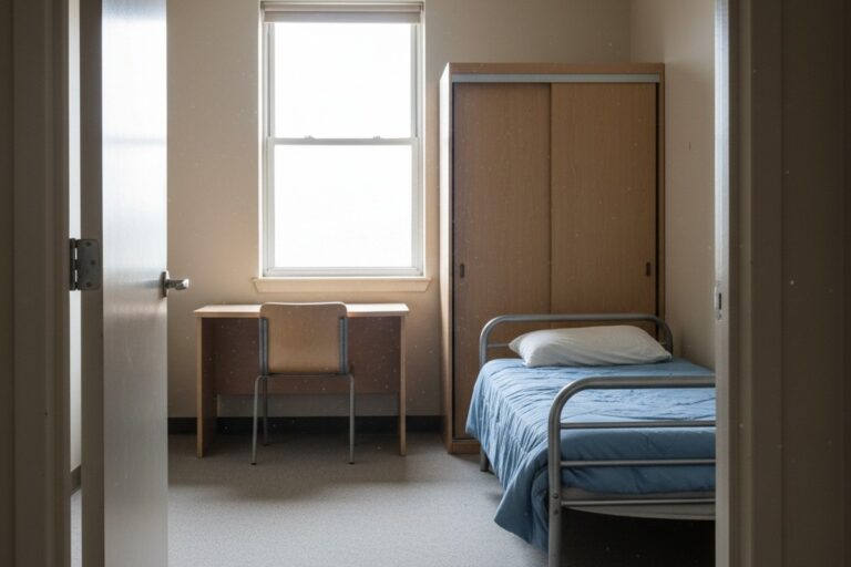 A wide view of a vacant and sparsely furnished student dorm room with a bed, desk, and closet, lit by soft light from a large, bare window.