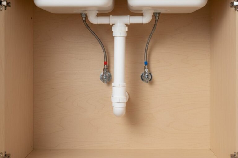Het interieur van een schone, lege onder-wastafel keuken kast, met een witte PVC P-trap en gevlochten metalen waterleidingen tegen een lichte achtergrondwand.