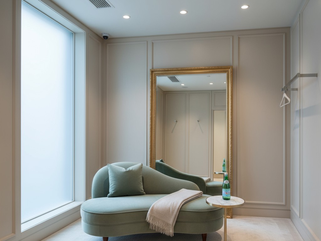 A modern, empty boutique fitting room with an air conditioning vent visible on the ceiling, symbolizing wasted energy.