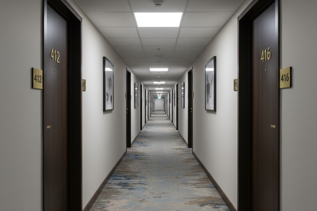 Empty Hotel Corridor Lit Up at Night A long, empty hotel hallway brightly illuminated in the middle of the night, representing energy waste in unoccupied spaces.
