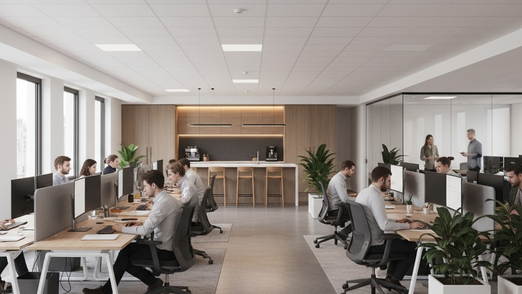 Un espacio de oficina brillante y moderno donde las personas trabajan cómodamente, con las luces encendidas, ilustrando la operación sin problemas de un sensor de movimiento de ahorro de energía.