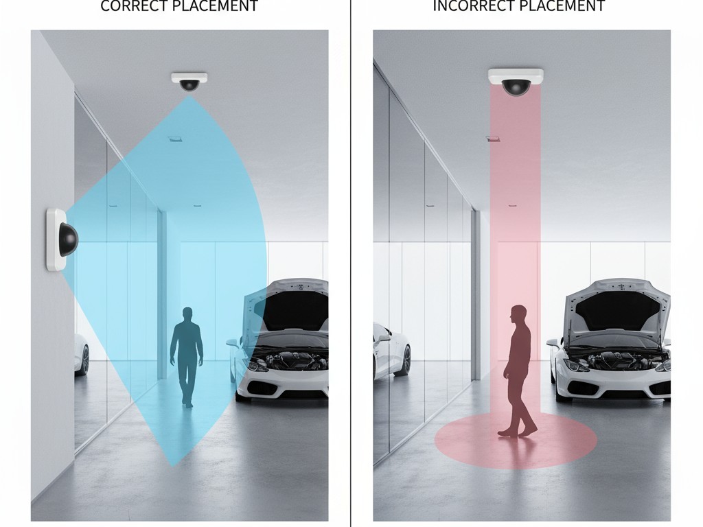 Posicionamento de Sensor Engenheirado para Detecção Precisa Um diagrama dividido comparando duas posições de sensores. Uma tem uma visão ampla causando disparos falsos de carros; a outra tem uma visão focada em um corredor para maior precisão.