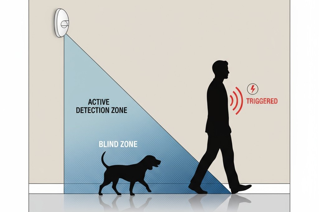 Crearea unei zone oarbe imună pentru animale de companie cu un senzor de mișcare Diagrama care arată cum un senzor de mișcare montat în înălțime creează o zonă oarbă aproape de podea, permițând animalelor de companie să treacă neobservate în timp ce detectează în continuare oameni.
