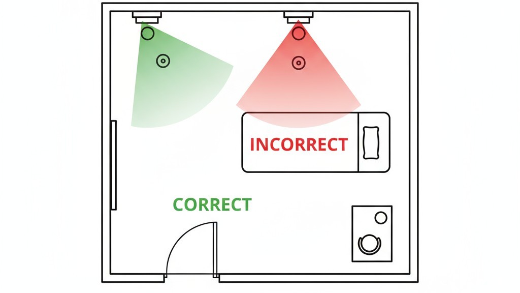 Diagram, der viser korrekt og ukorrekt placering af Occupancy&ZeroWidthSpace;/&ZeroWidthSpace;​Vacancy​/&ZeroWidthSpace;/&ZeroWidthSpace;Manual i et medicinsk undersøgelseslokale for at beskytte patientens privatliv.