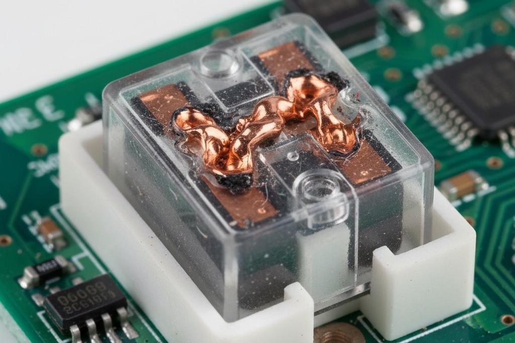 Welded Relay Contacts Inside a Failed Motion Switch The open casing of a wall switch reveals its internal electronics, with a close-up on a small copper relay that is visibly burnt and melted.