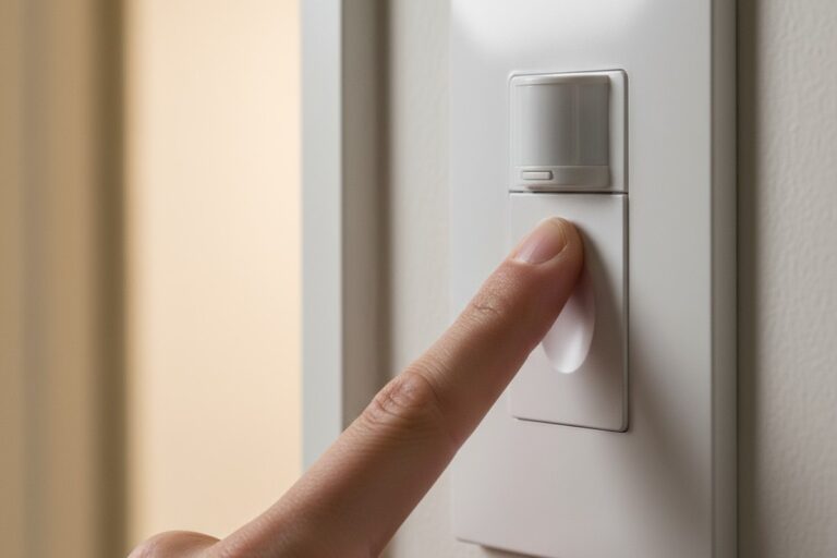 تُظهر صورة ماكرو إصبع شخص يضغط على زر المجداف الكبير لمفتاح الضوء الأبيض المُركب على جدار مзيّس في غرفة مظلمة.