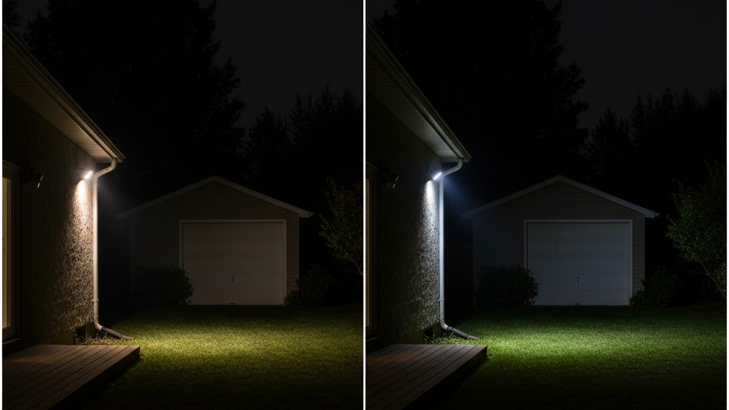 Reflektering af badelysets spredning over afstand En side-om-side sammenligning af en bred floodlight-stråle, der spreder sig i mørket, og en smal spotlight, der kraftigt belyser en fjern garagedør.