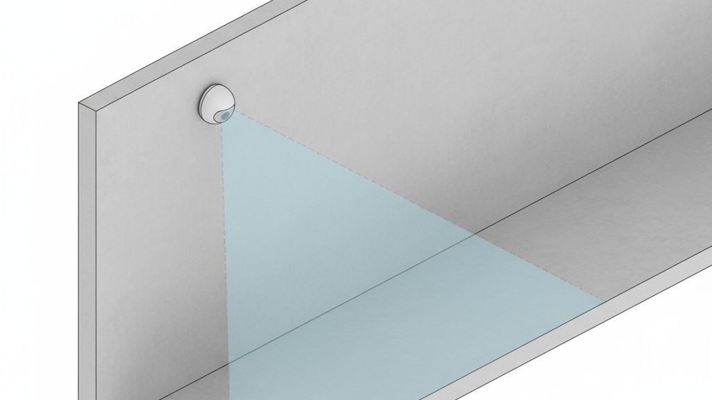 การตั้งเป้าหมายไปข้างหน้าอย่างมีกลยุทธ์สำหรับเซ็นเซอร์ในทางเดิน แผนภาพด้านข้างแสดงเซ็นเซอร์จับความเคลื่อนไหวเอียงไปข้างหน้าบนผนังทางเดิน ซึ่งฉายขอบเขตการตรวจจับไปไกลตามทางเดินที่กำลังเดินไป