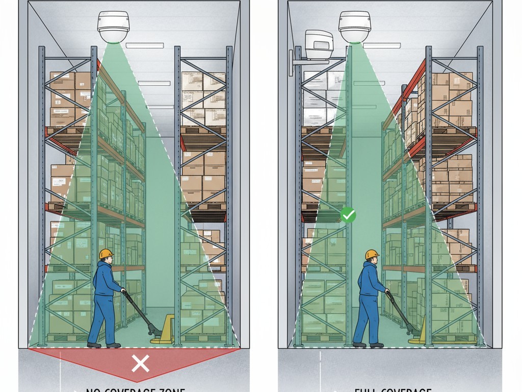 Altura de montaje correcta para sensores en almacenamiento en frío Un diagrama que muestra un pasillo de congelador. Un sensor montado demasiado alto deja grandes huecos en la cobertura, mientras que uno colocado más bajo proporciona detección más completa de un trabajador debajo.