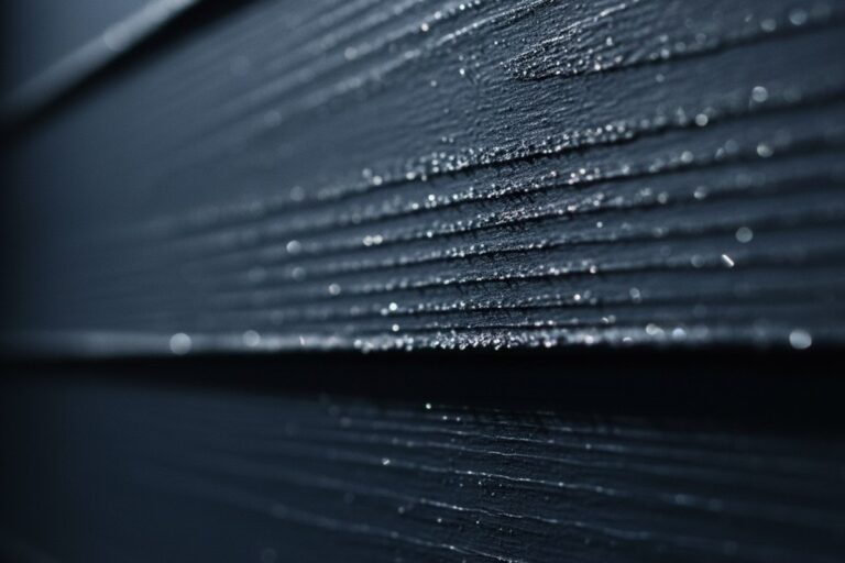 A macro photograph of dark blue painted wood siding. A thin layer of frost covers the surface, sparkling under a grazing light that highlights the wood grain.
