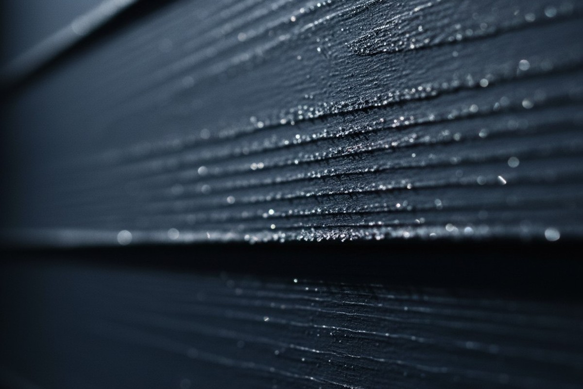A macro photograph of dark blue painted wood siding. A thin layer of frost covers the surface, sparkling under a grazing light that highlights the wood grain.