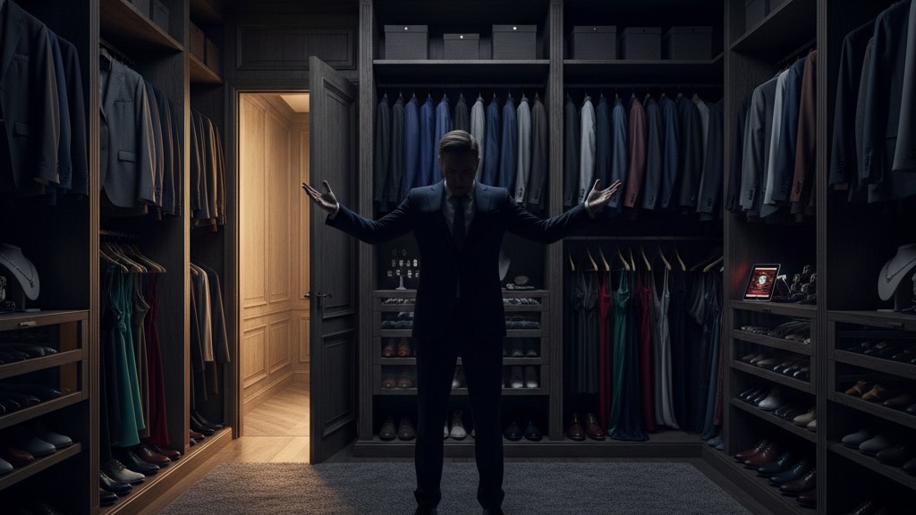 Een persoon staat in silhouet in een high-end walk-in kast die donker is geworden, zwaait met armen in frustratie om de lichten te activeren.