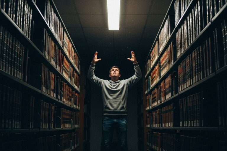From a low angle, a frustrated student stands in a narrow library aisle between tall bookshelves, waving their arms at the ceiling to trigger a motion-activated light.
