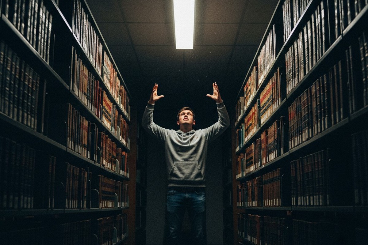 From a low angle, a frustrated student stands in a narrow library aisle between tall bookshelves, waving their arms at the ceiling to trigger a motion-activated light.
