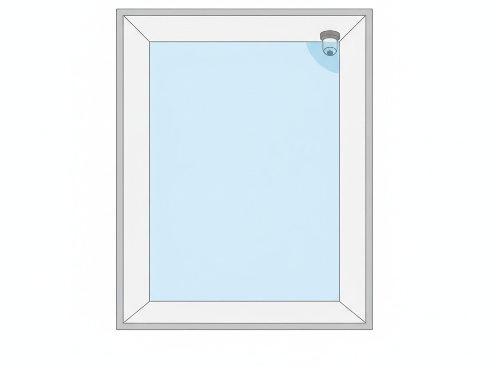 A top-down diagram of an L-shaped hallway with a motion sensor placed on the ceiling at the outer corner, providing a clear line of sight down both legs of the hallway.