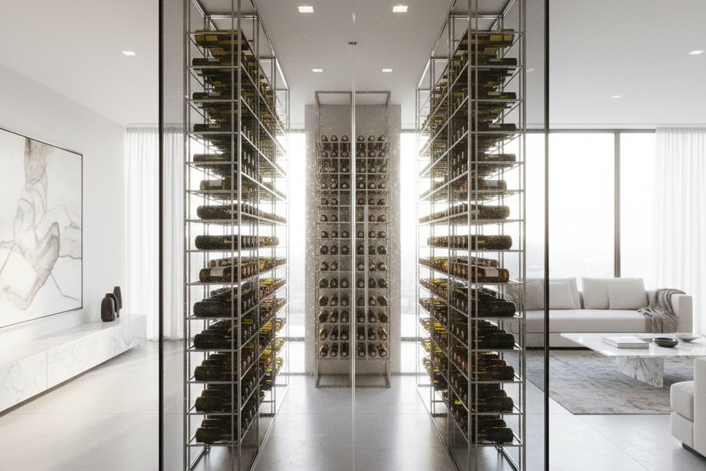 Een moderne wijnkelder met rekken vol flessen is volledig zichtbaar achter een vloer-tot-plafond glazen muur, verlicht door helder omgevingslicht vanuit de aangrenzende eetkamer.