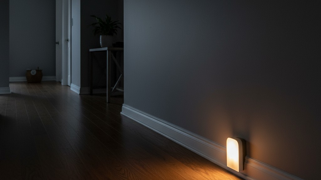 Koridor yang gelap di malam hari dibuat aman dengan cahaya lembut dan hangat dari lampu malam kecil yang dipasang di dekat lantai.