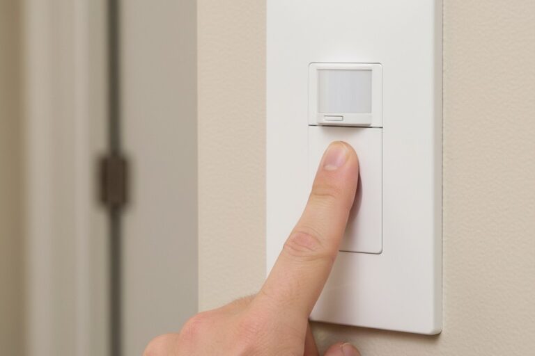 クローズアップショットでは、テクスチャードウォールに取り付けられた白色のモーションセンサーライトの大きなパドルを押している成人の手が映っている。