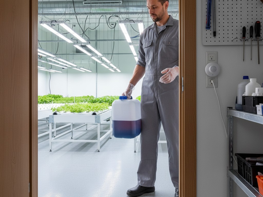 Een persoon met glanzende, natte handen draagt een container in een groeikamer terwijl de overhead nutslichten automatisch inschakelen.