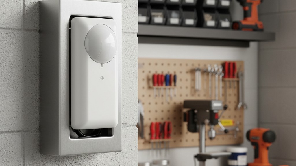 Ρεύμα Συνδεδεμένος Διακόπτης Αισθητήρα Κίνησης Ένας λευκός, εμπορικός διαστάσεων διακόπτης αισθητήρα κίνησης με μεγάλο φακό PIR είναι εγκατεστημένος σε μεταλλικό ηλεκτρικό κουτί στον τοίχο πάνω από έναν καθαρό πάγκο εργασίας.