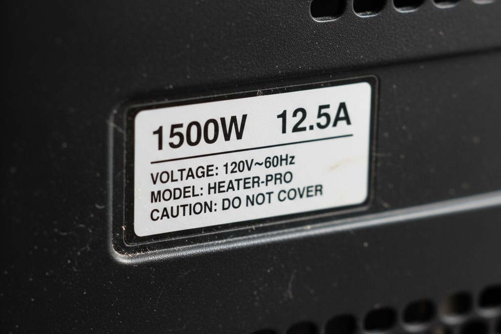 Una vista cercana de la etiqueta de especificaciones en la parte trasera de un calentador portátil, mostrando su clasificación de potencia de 1500W.