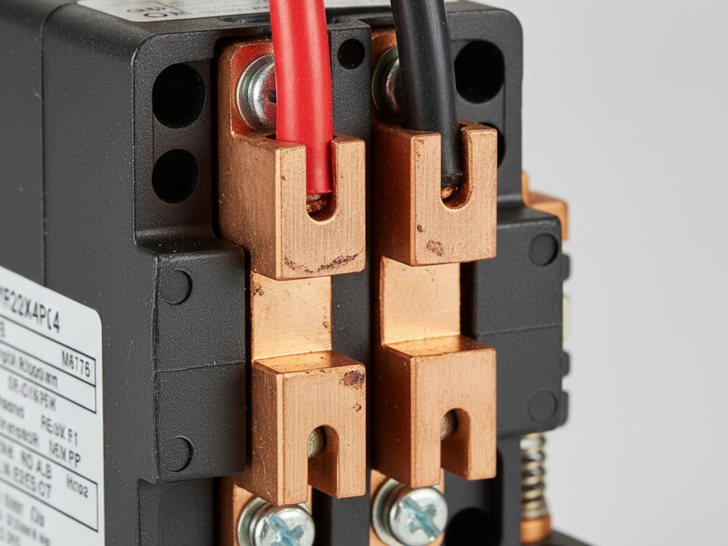 Citra dekat dari relay kontak listrik tugas berat dengan terminal sekrup yang kokoh.