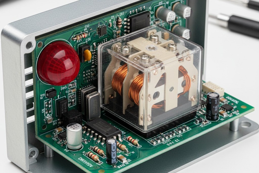 Internal View of a Heavy-Duty Motion Sensor Relay A close-up of a motion sensor's circuit board shows a large, robust electromechanical relay designed for handling high electrical loads.