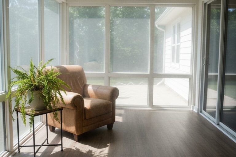 Ruang matahari yang sangat cerah di hari panas, dengan sinar matahari masuk melalui jendela besar, menciptakan silau keras di lantai papan vinil dan kursi berlambang kulit.