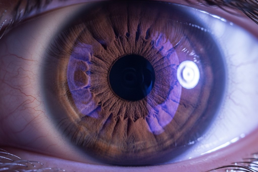 The Unseen Danger of UV-C Exposure A detailed macro photograph of a human eye. A subtle, violet-blue glow from an unseen UV source is reflected on the surface of the cornea.