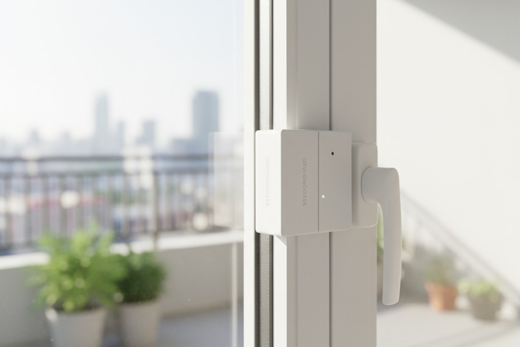 Un sensor magnético discreto instalado en el marco de una puerta corredera de vidrio para apagar el aire acondicionado cuando la puerta está abierta.